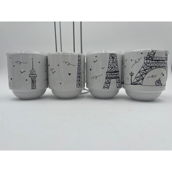 LetS Dine Eiffel Tower Stackable Mug Set Metal Rack Stoneware Microwave & Dishwa - Picture 3 of 5